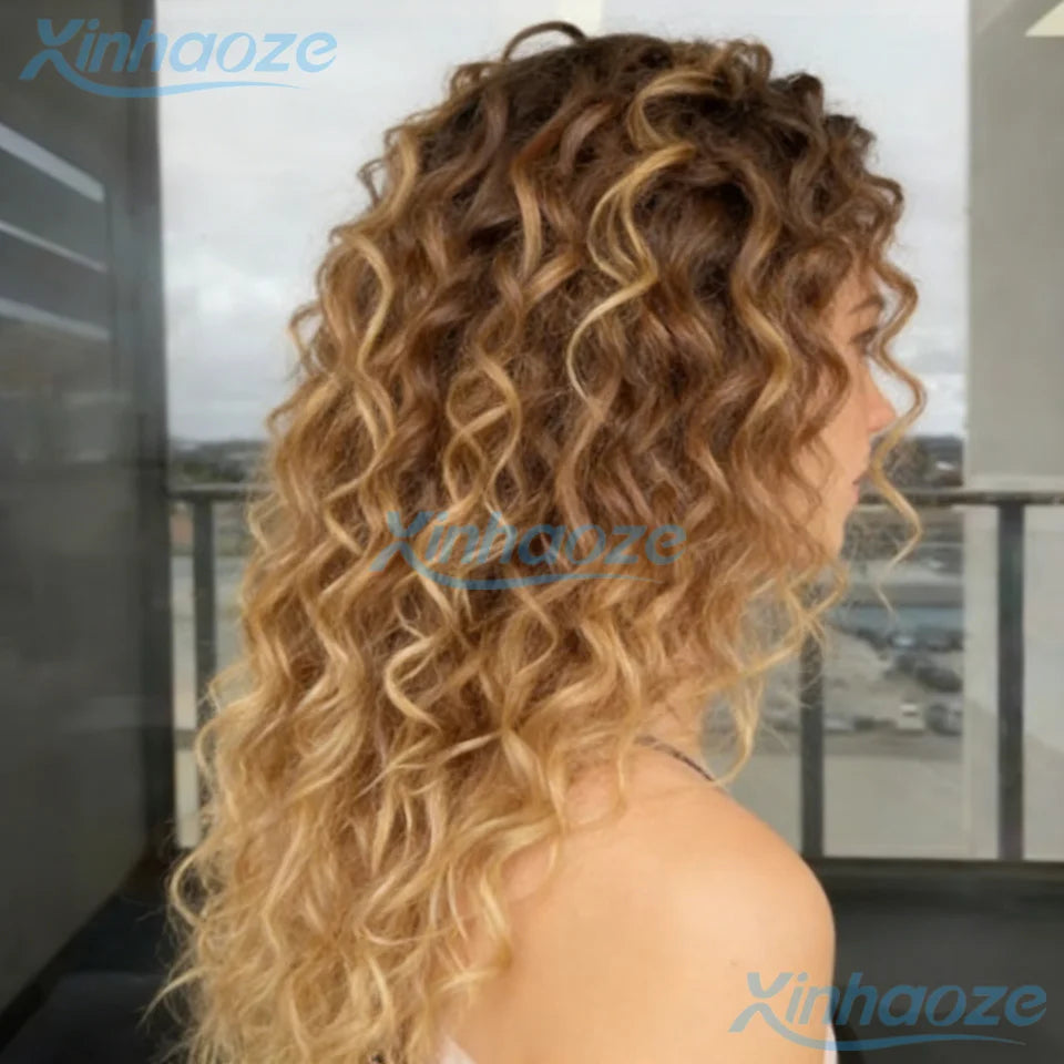 13x4 Ash Blonde Deep Curly Human Hair Wigs Ombre Honey Blonde Lace Front Wig Pre Plucked Transparent 13x6 HD Lace Frontal Wig