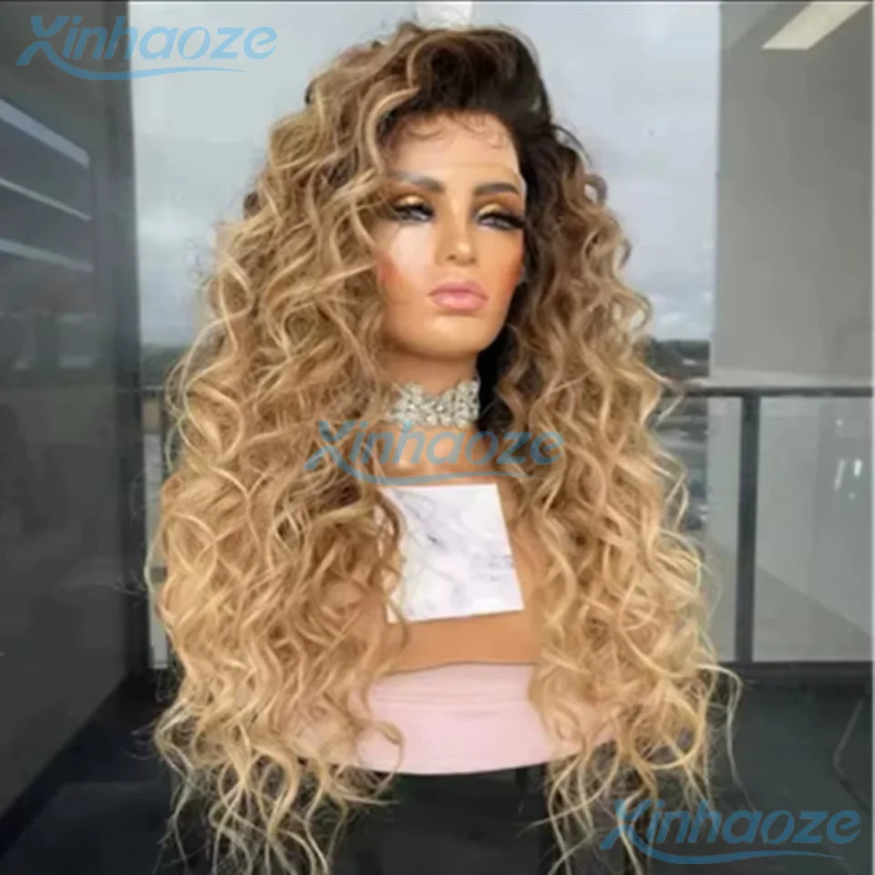 13x4 Ash Blonde Deep Curly Human Hair Wigs Ombre Honey Blonde Lace Front Wig Pre Plucked Transparent 13x6 HD Lace Frontal Wig