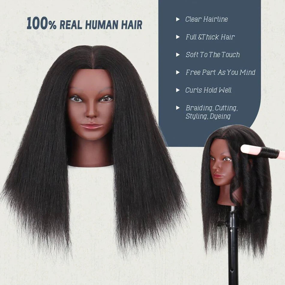 Mannequin Head With Human Hair 100% Real Hair Cosmetology Doll Head With Free Tripod Stand 18'Training Doll Head For Hairdresser