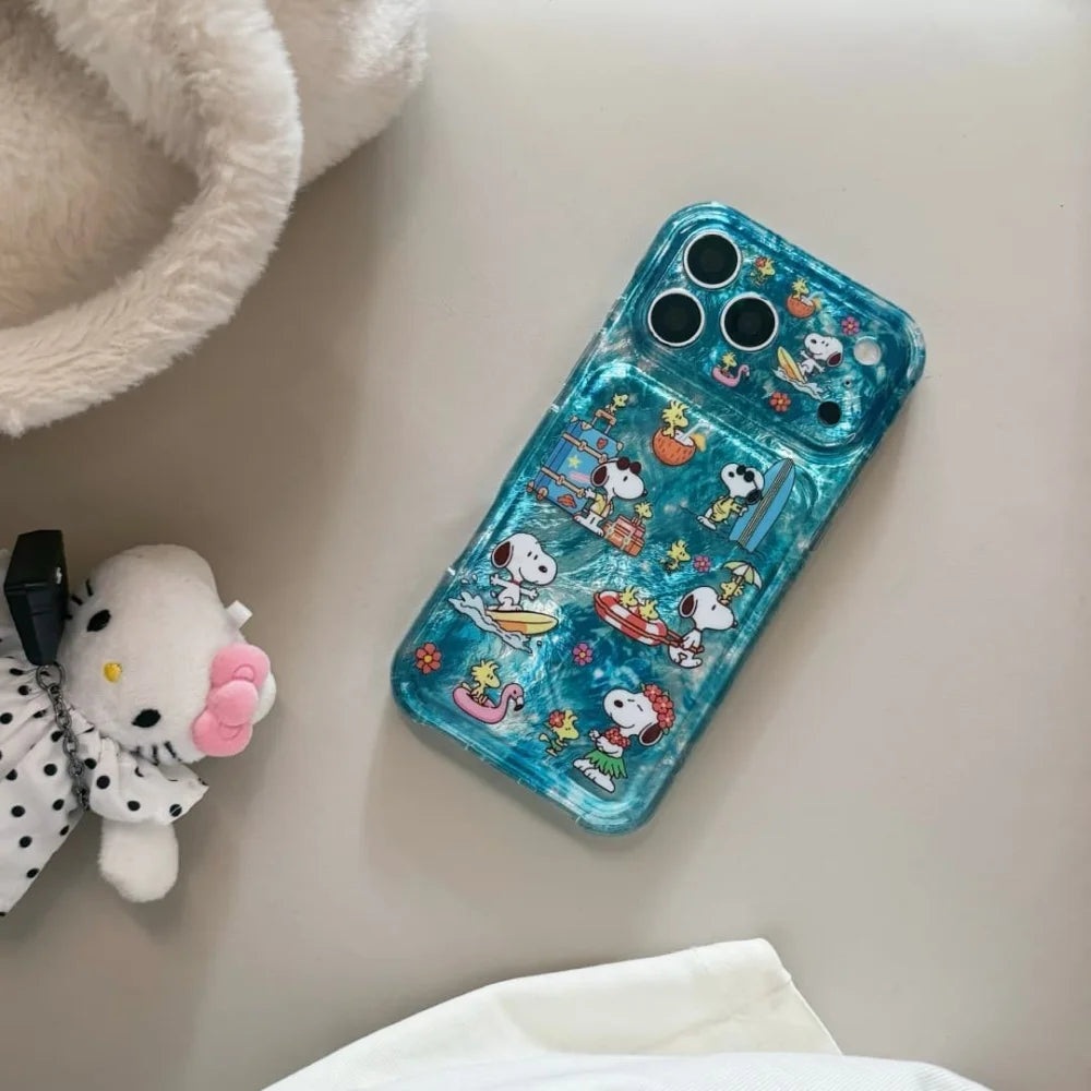 Korean Cute Ocean Snoopy Phone Case for iPhone 15 16 17 16 Pro 15 Pro 17 Pro Max Cover Silicone Cases Kawaii Shockproof Cover