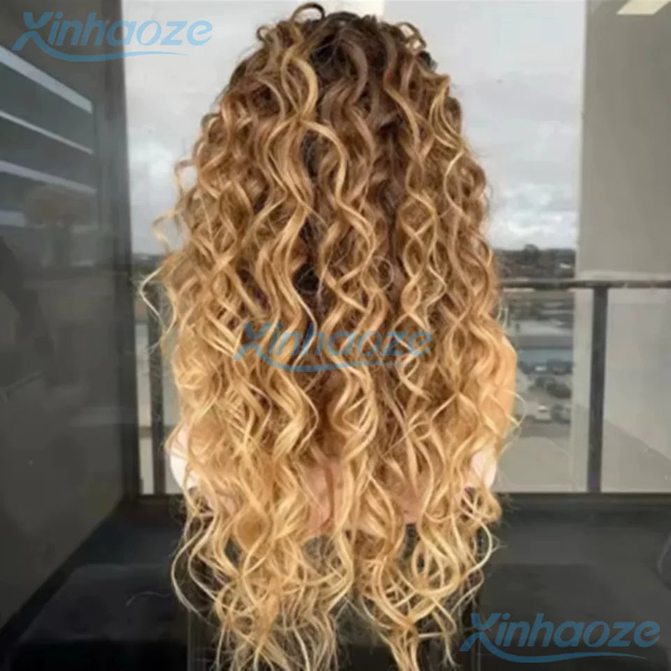 13x4 Ash Blonde Deep Curly Human Hair Wigs Ombre Honey Blonde Lace Front Wig Pre Plucked Transparent 13x6 HD Lace Frontal Wig