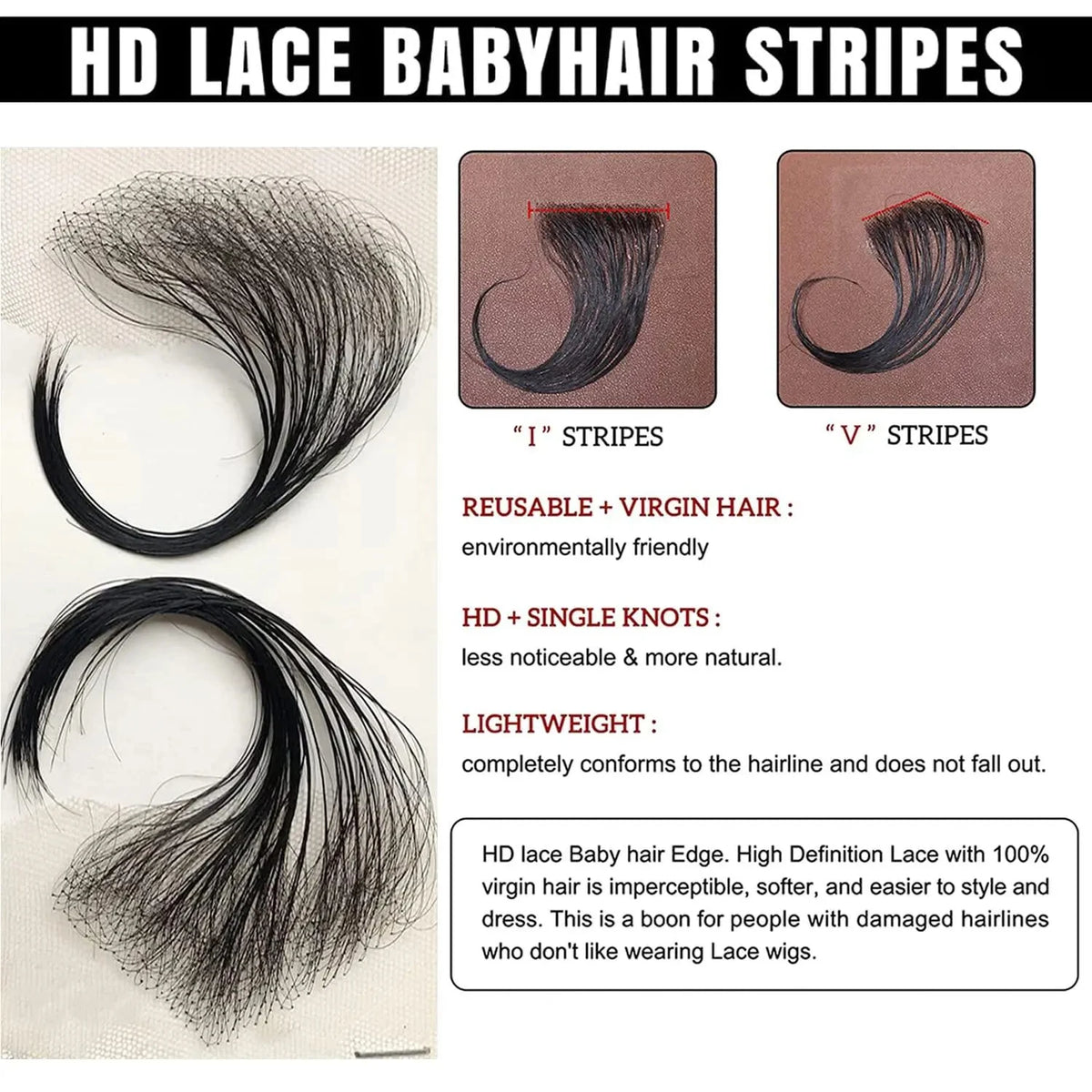 2/4pcs Transparent Lace Baby Hair Edge Stripes Human Hair Brazilian Invisible Natural Hairline for Women Reusable Hair Extension
