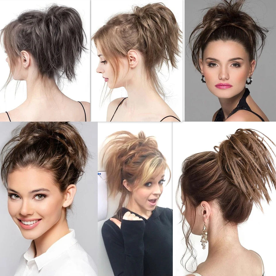HUAYA Synthetic Messy Straight Bun Fake Hair Donut Scrunchie Chignon Updo Hairpieces Bands Bundle Tail Elastic Hair For Women