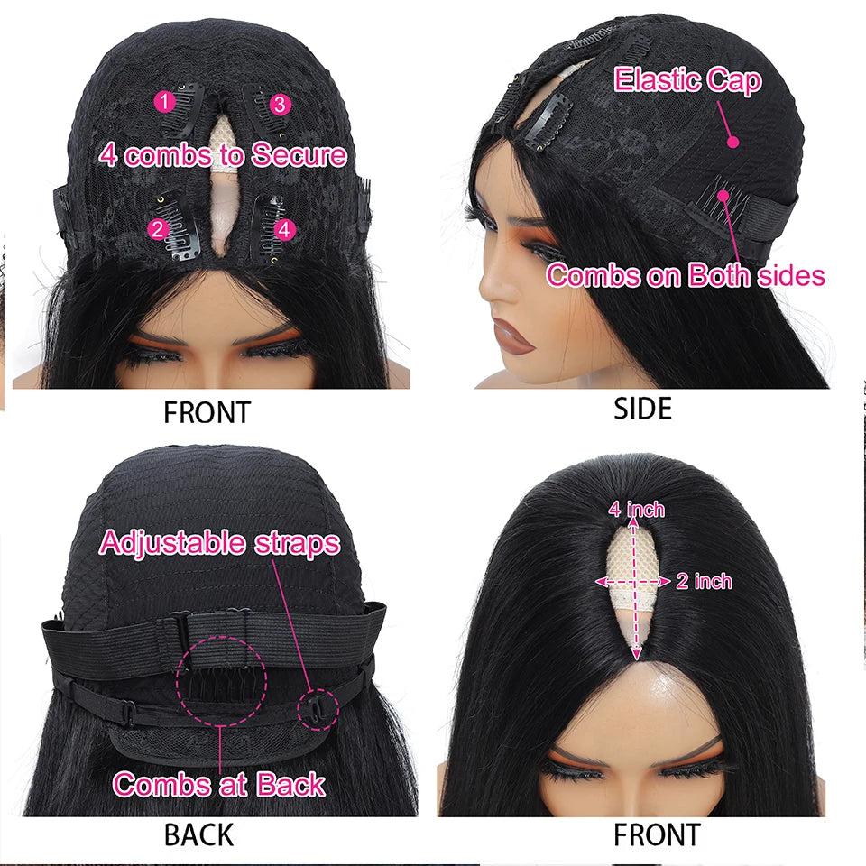 Kinky Straight U Part Wig Upgrade Glueless Wig Yaki Straight Ready To Wear Remy Human Hair Wigs V Part Wig No Lace Wig For Women