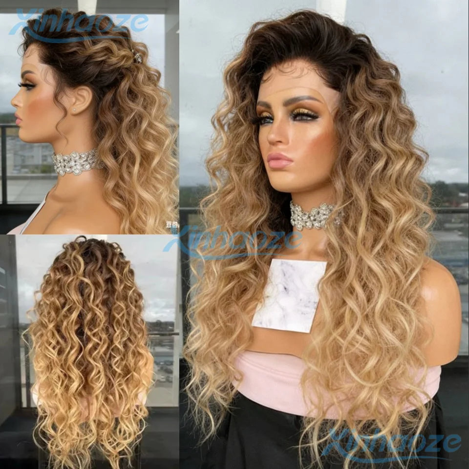 13x4 Ash Blonde Deep Curly Human Hair Wigs Ombre Honey Blonde Lace Front Wig Pre Plucked Transparent 13x6 HD Lace Frontal Wig