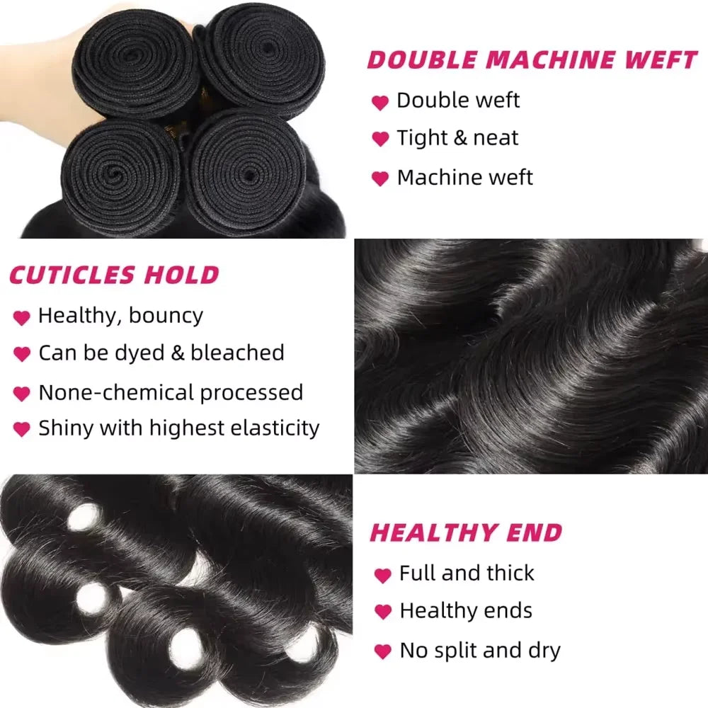 100% Hair Brazilian Weave Body Wave Hair 30 Inch Virgin 3 4 Bundles Raw Extensions Loose Water Natural Black Tissage For Women