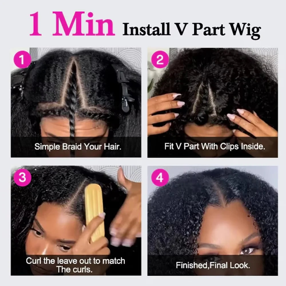 Kinky Straight U Part Wig Upgrade Glueless Wig Yaki Straight Ready To Wear Remy Human Hair Wigs V Part Wig No Lace Wig For Women