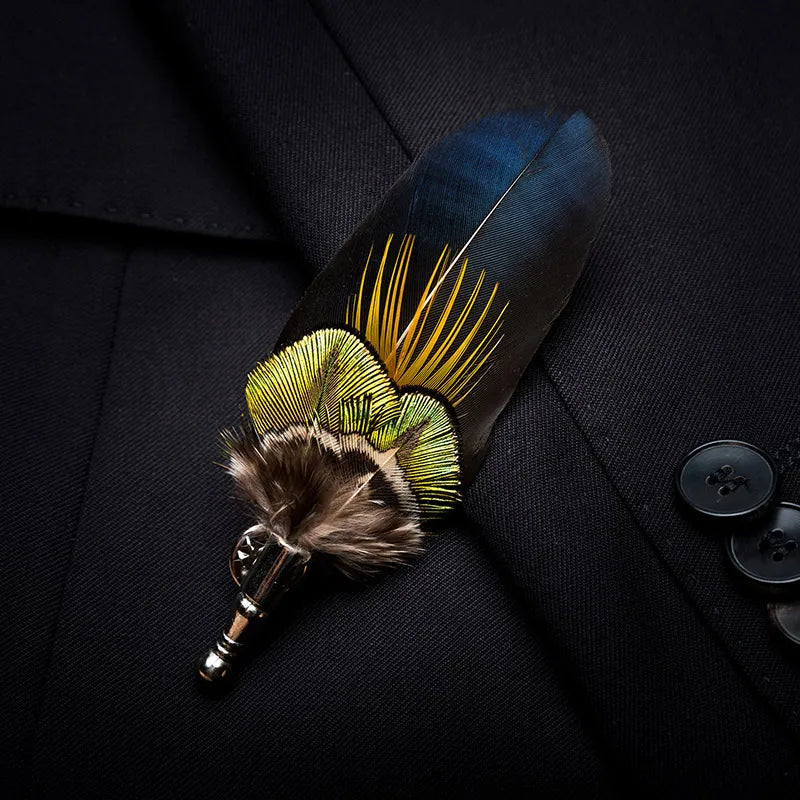 JEMYGINS 100% Feather Brooch Leaf Men and Women Jewelry Bow Tie Set High Quality Peacock Pin Wedding Show Party