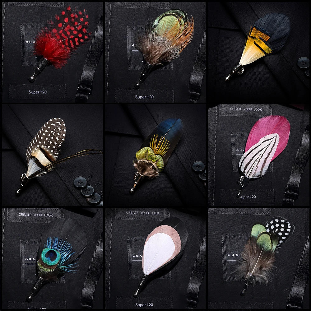JEMYGINS 100% Feather Brooch Leaf Men and Women Jewelry Bow Tie Set High Quality Peacock Pin Wedding Show Party
