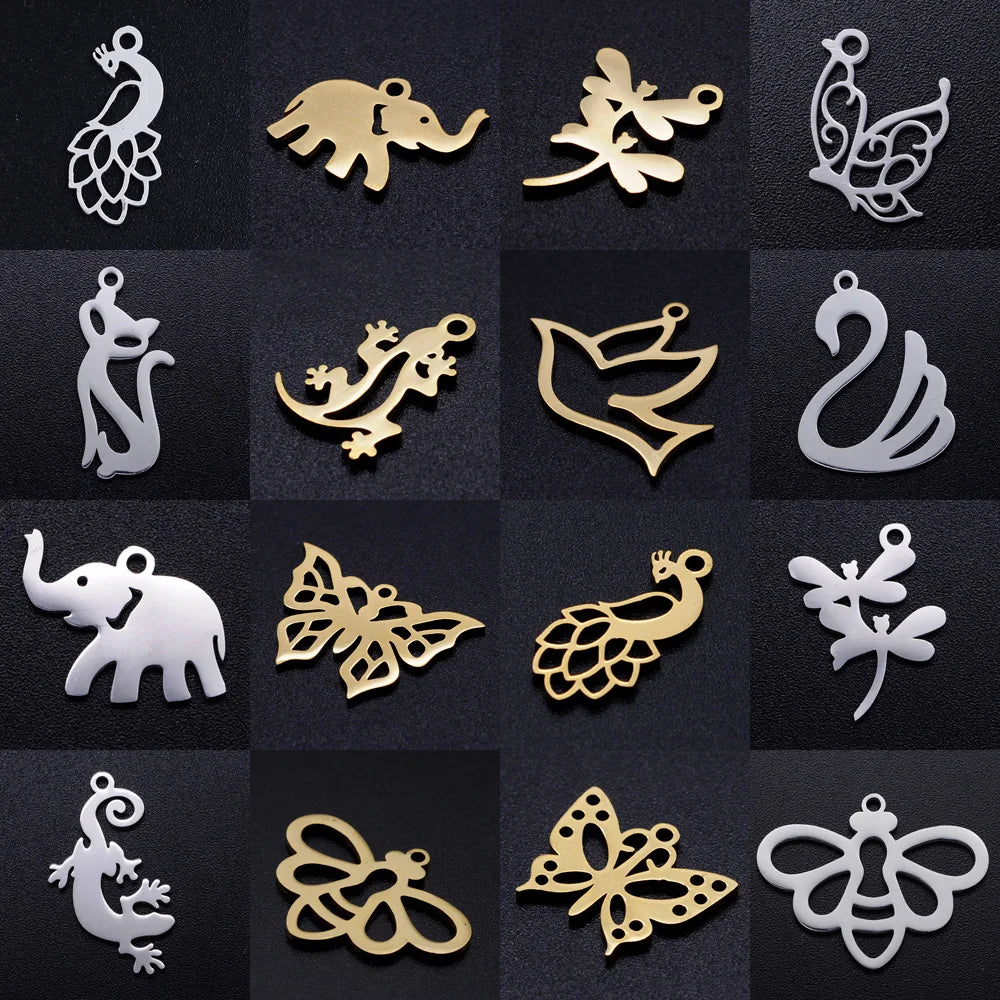 10pcs/lot DIY Peacock Swan Stainless Steel Charm Pendant Wholesale Butterfly Dragonfly Cat Jewelry Bracelet Connector Charms