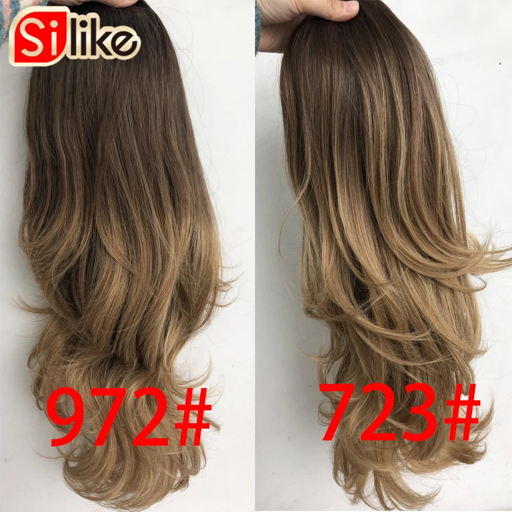 Silike Synthetic 3/4 Half Wigs 24 Inch Long Ash Blonde Wavy Wig With Clip in Hair Extension 16 Color 210g For Black White Women