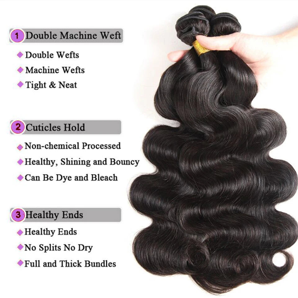 12A Peruvian Body Wave 3/4Bundles With 4x4 Lace Closure Human Hair Bundle With Lace Closure Virgin Hair Weave Extensions
