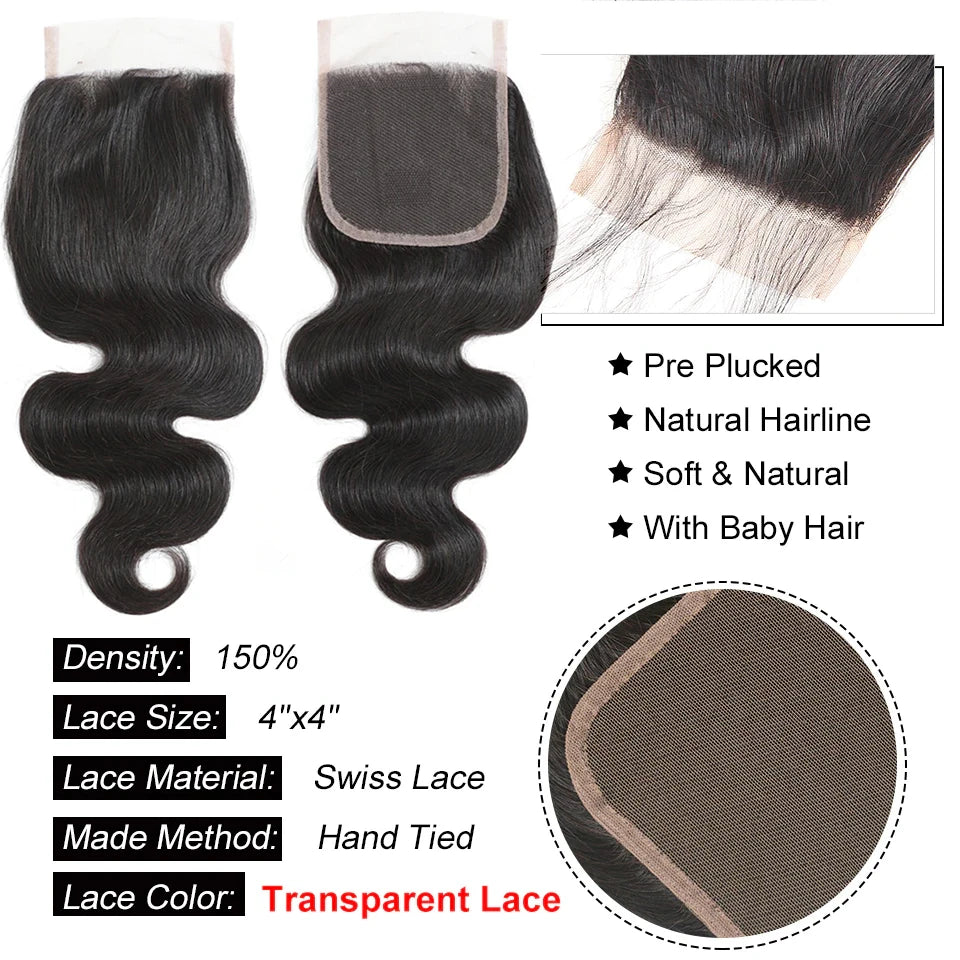 12A Peruvian Body Wave 3/4Bundles With 4x4 Lace Closure Human Hair Bundle With Lace Closure Virgin Hair Weave Extensions