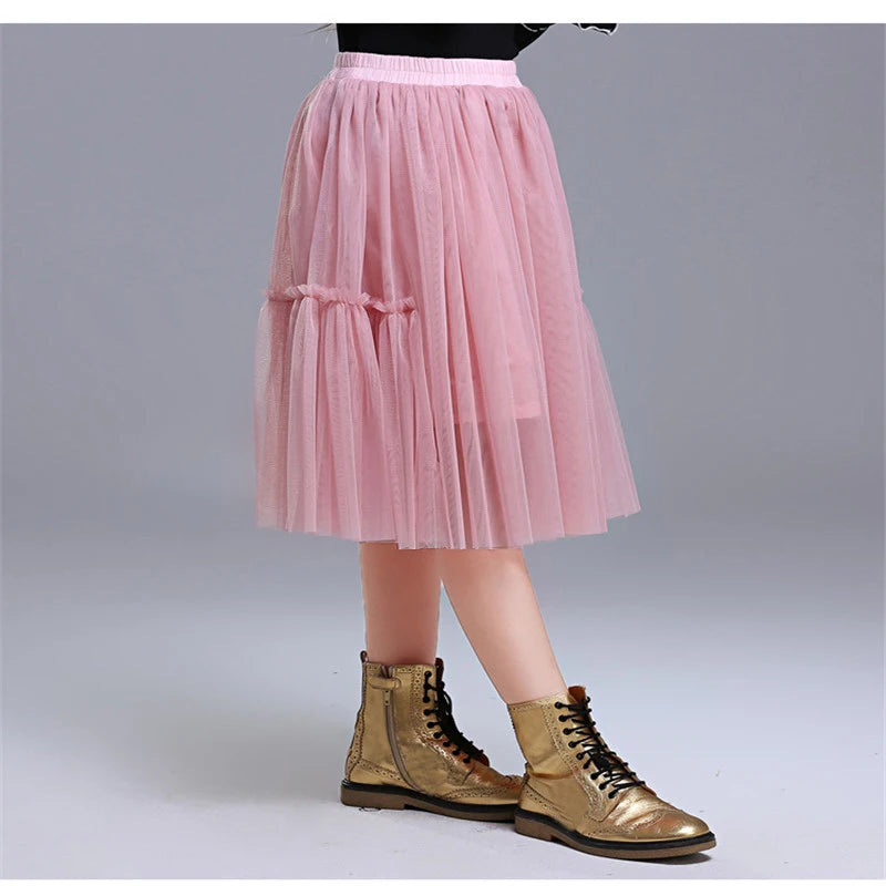 Kids Skirts For Girls Cotton Lace Tutu Pleated Skirt Black Pink Gray Children's Clothing 4 6 8 10 12Y Pettiskirt Party Clothes