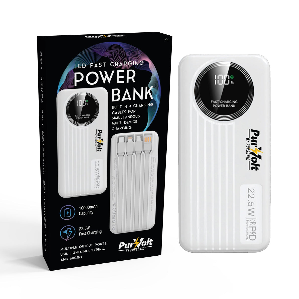 Pursonic 10,000mAh LED Fast Charging Power Bank – Built-in Cables, 22.5W Output, Type-C/USB/Lightning Compatibility