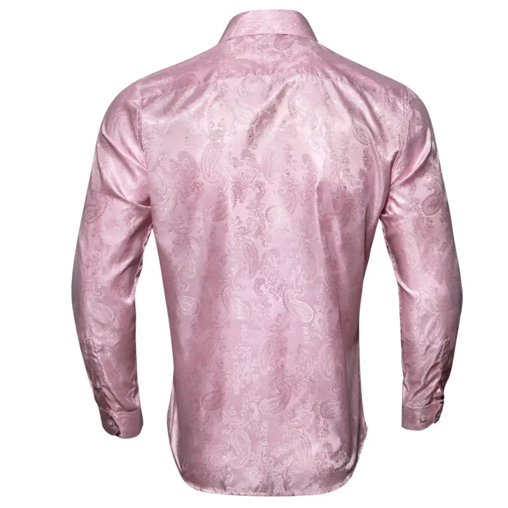 Luxury Shirts for Men Silk Long Sleeve Pink Paisley Slim Fit Male Blouses Casual Formal Tops Breathable Barry Wang
