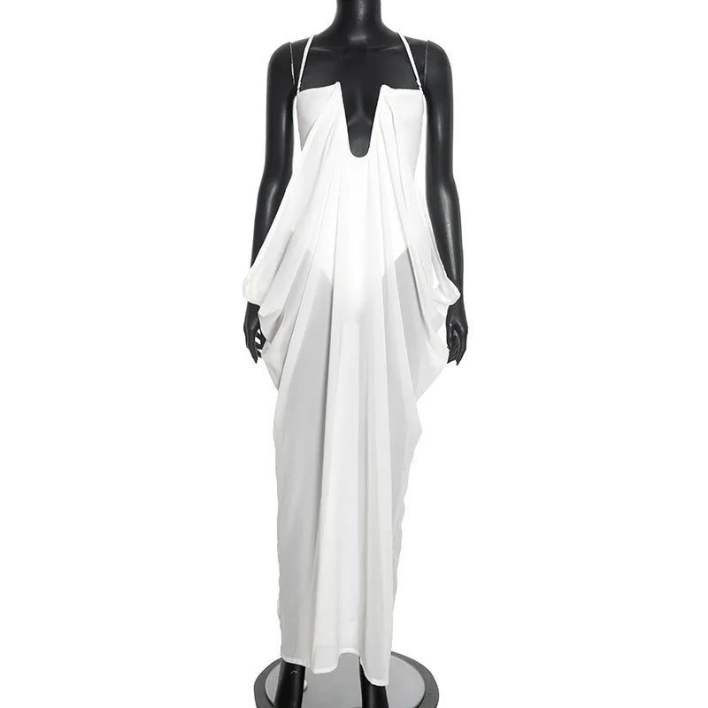 Sibybo Patchwork Sheer Mesh Draped Women Maxi Dress Sexy Deep V Neck Spaghetti Strap Party Evening Gown Summer Vacation Outfits