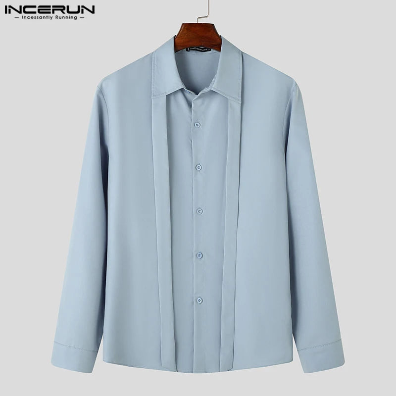 Handsome Well Fitting Tops INCERUN Men's Deconstructive Design Lace Up Shirts Casual Solid Comfortable Lapel Long Sleeved Blouse