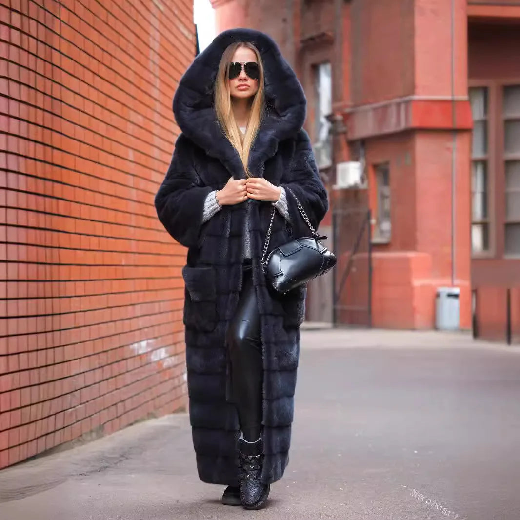 Women Warm Faux Fur Coat Vintage Solid Hoodies Midi Length Cardigan Jackets Furry Outerwear Jackets Hooded Coats Winter