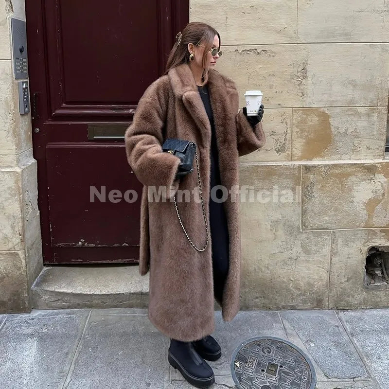 Neo Mint Belted Faux Mink Fur Coat Women 2025 Winter Beige Gradient Furry Fur Jacket Luxury Brand Hooded Warm Outerwear Overcoat
