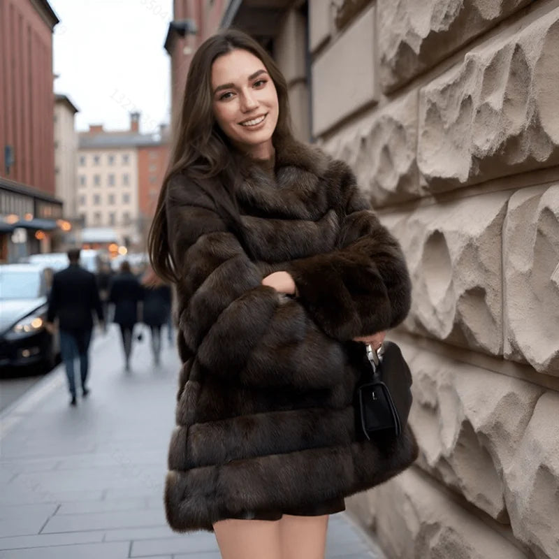 Open-front, button-down, hooded, plush women's coat, mink mid-length fur coat, winter warm windbreaker