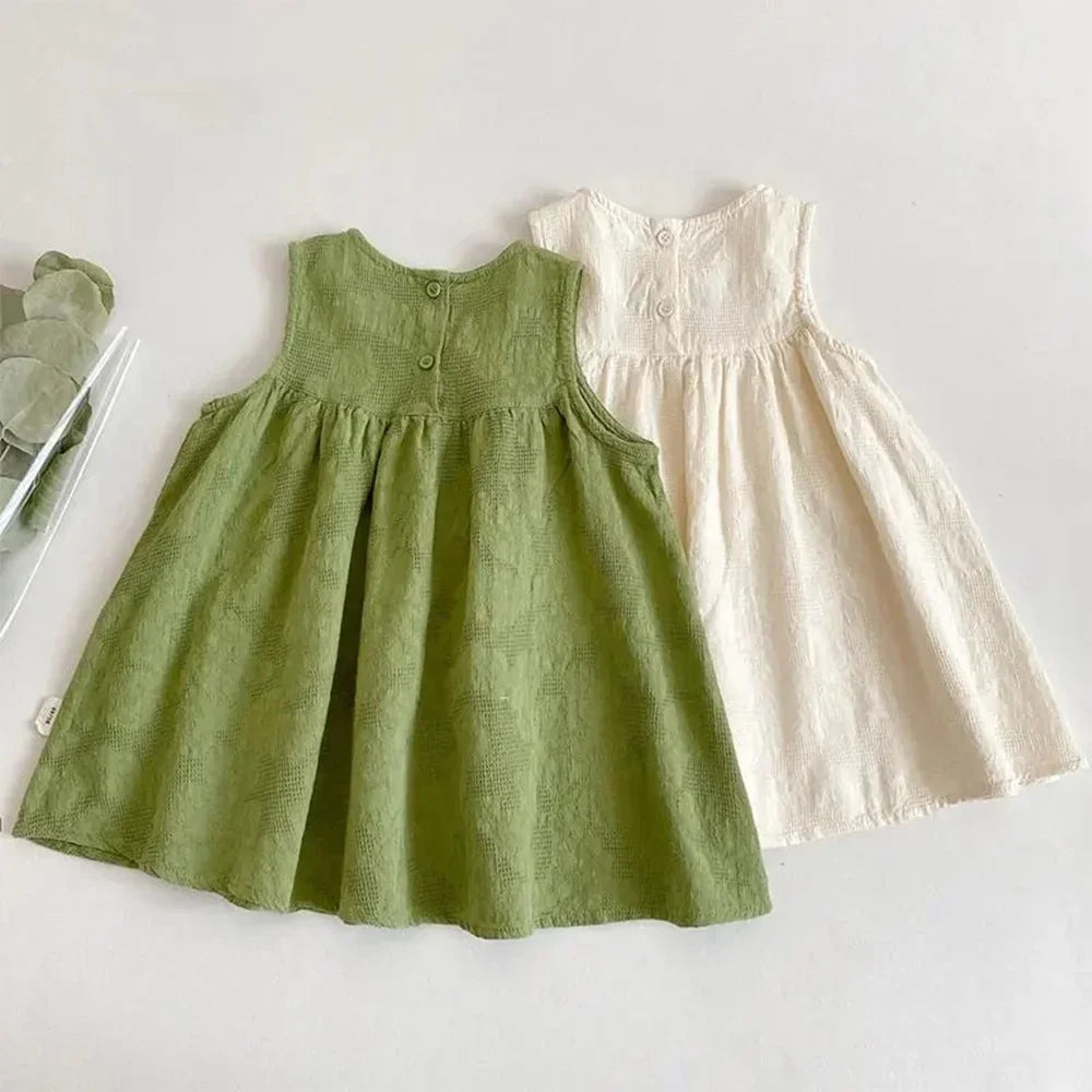 Bear Leader Korean Version Plain Color Girls Casual Dresses Summer Flower Embroidered Sleeveless Vest Dress Children's Clothing