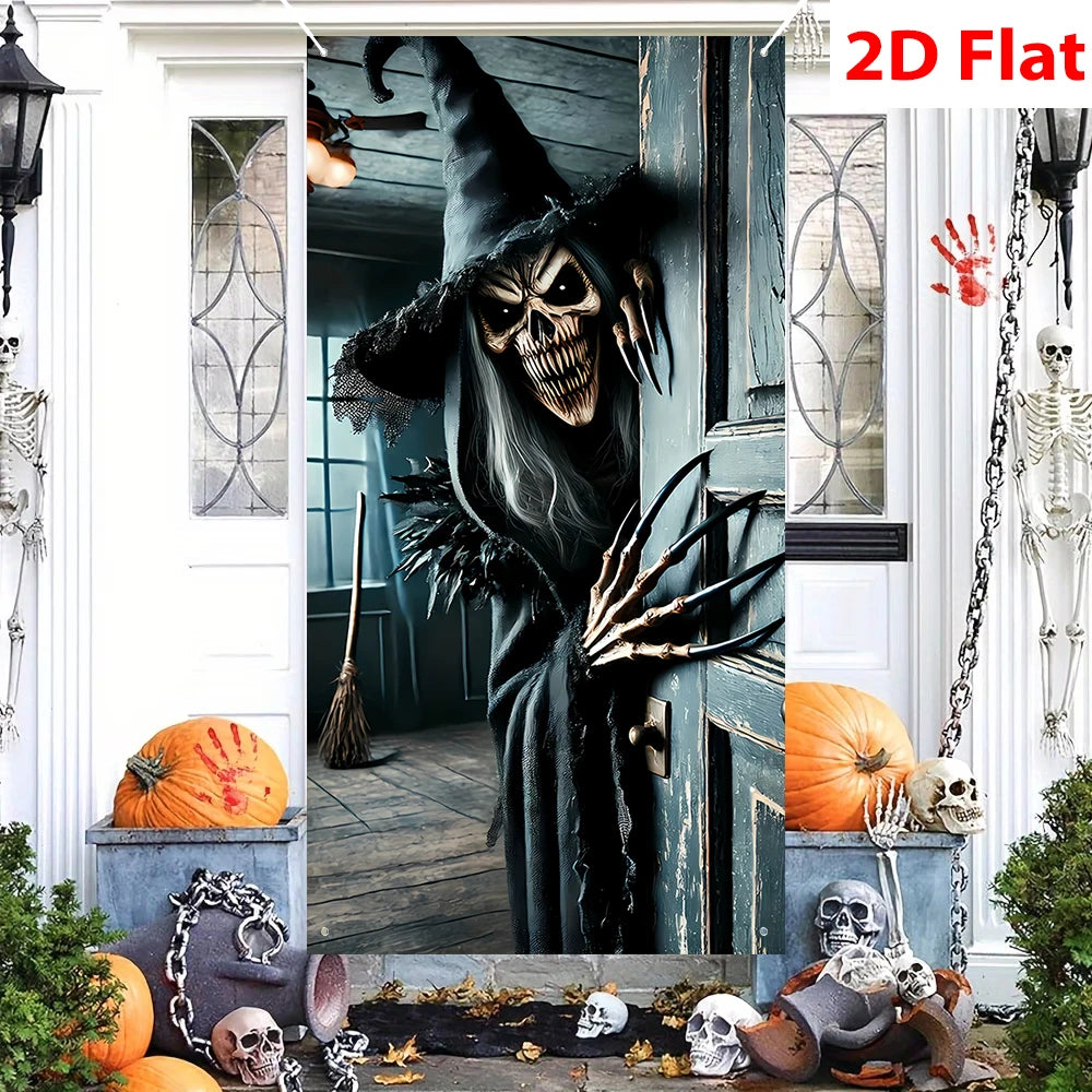 Halloween Scary Skeleton Witch Door Haunted House Front Porch Garage Decor Horror Party Photo Backdrop Spooky Decoration