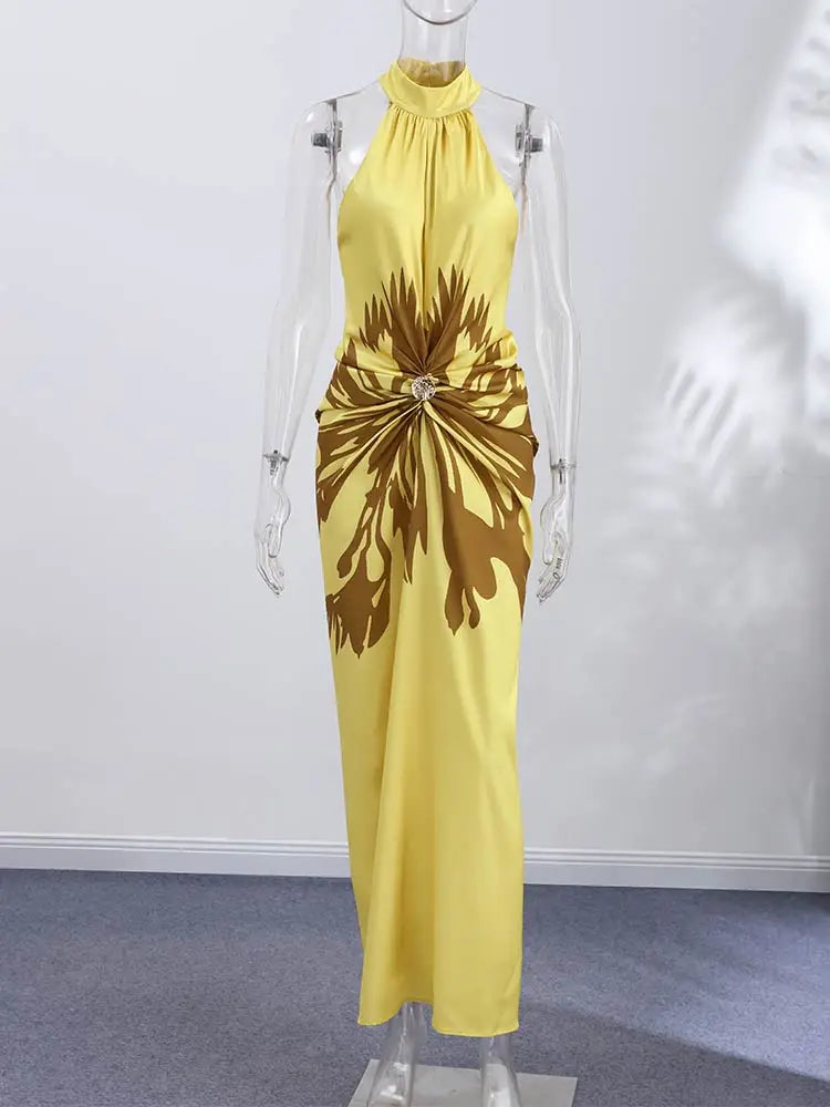 Fashion Halter Neck Sleeveless Abstract Print Maxi Dresses Ruched Waist 2026 Summer New Elegant Resort Vacation Evening Vestidos