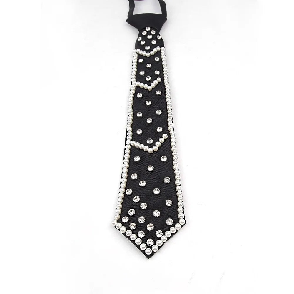 Temperament Rhinestone Pearls Tie Korean Style Black Hand-beaded Long Necktie Academic Style Collares Decoration Shirt Tie Daily