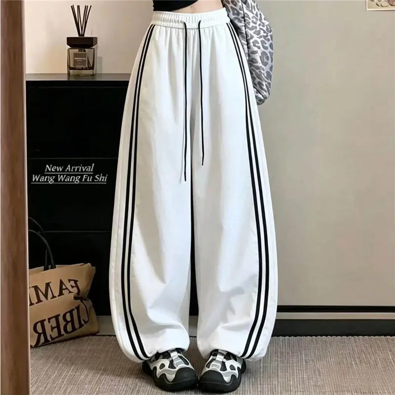 Loose Joggers Pants Women Stripes Drawstring Pants Streetwear Hip Hop Y2k Baggy Wide Leg Sweatpants Casual Fashion Thin Trousers