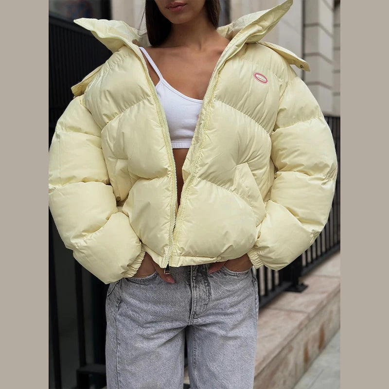 Oversized Puffer Women Jackets Coat Print Hooded Zipper Parka Coats Loose Mid‑Length Warm Winter Outerwear With Big Pockets