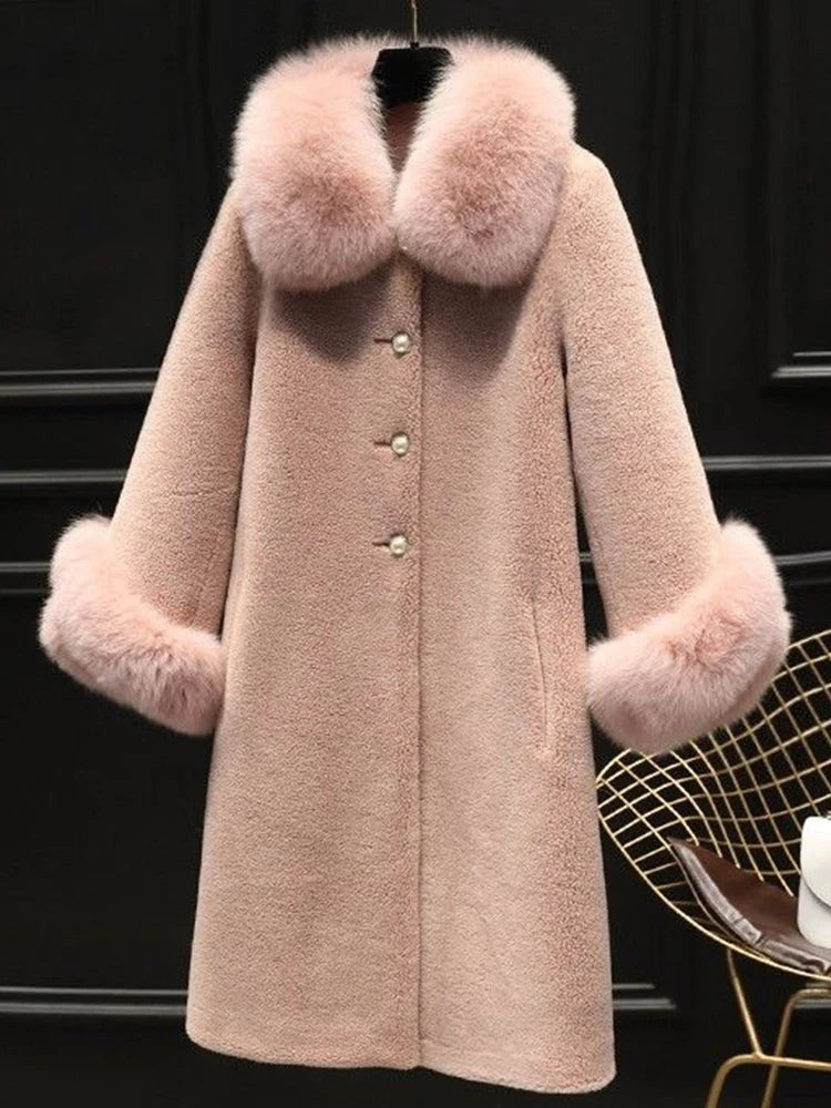 Trendix Elegant Faux Fur Collar Coat Women Winter Slim Patchwork Pocket Warm Trench Street Casual Long Faux Fox Fur Outerwear