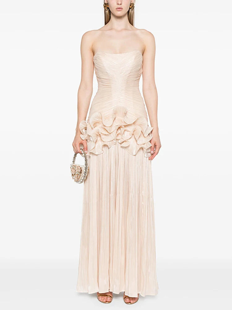 DEAT Elegant Dress Strapless Stringy Selvedge Splice Pleated Long Women's Evening Party Dresses 2026 Summer New Fashion 35Z2459