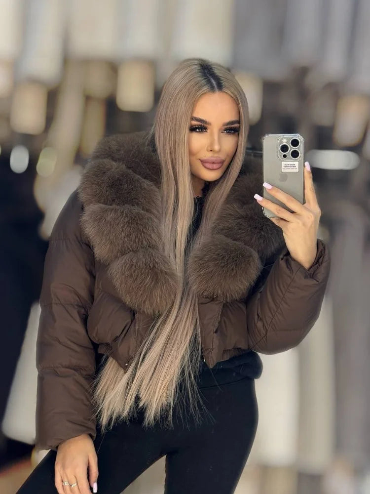 Women Cropped Puffer Jacket Long Sleeve Big Faux Fur Collar Snap Button Warm Winter Outerwear Fashion Casual Party Short Coat