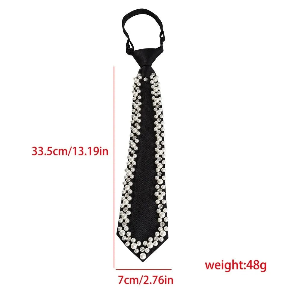 Temperament Rhinestone Pearls Tie Korean Style Black Hand-beaded Long Necktie Academic Style Collares Decoration Shirt Tie Daily