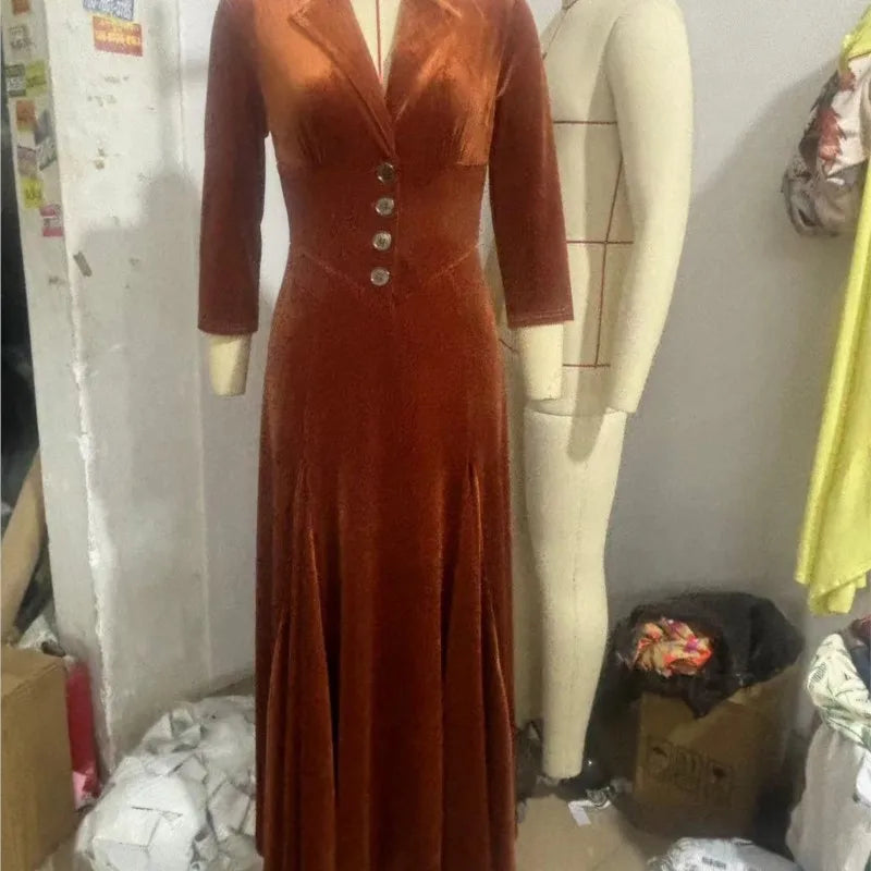 Spring Fall Women Suit Collar Velvet Long Dress 2025 New Slim Elegant Office Lady Velour Dresses