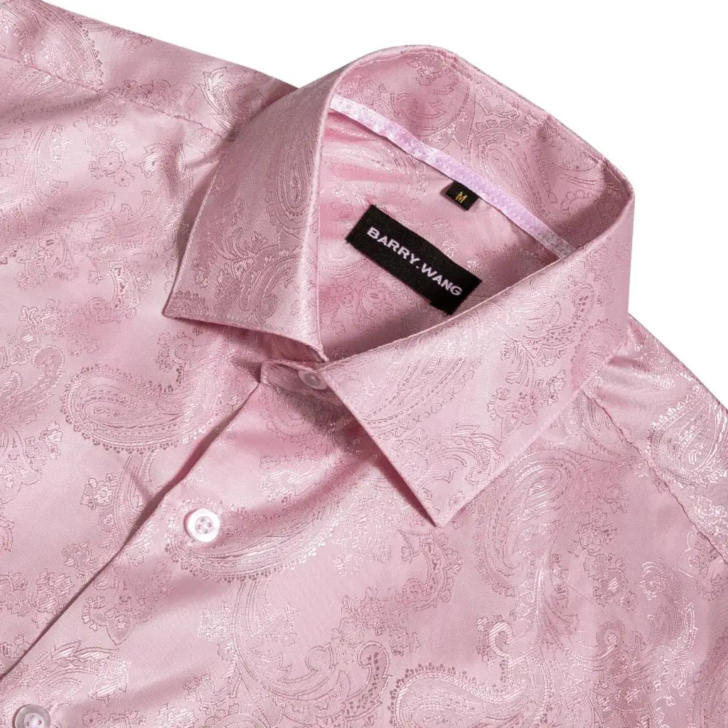 Luxury Shirts for Men Silk Long Sleeve Pink Paisley Slim Fit Male Blouses Casual Formal Tops Breathable Barry Wang