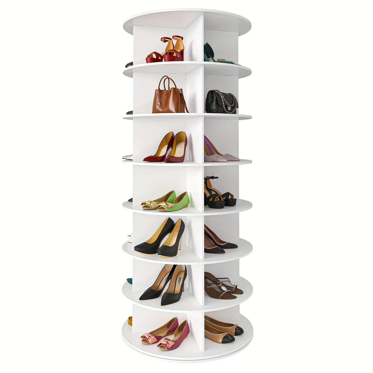 7-Tier Vertical Shoe Organizer Rack - 360° Spinning Tower | Foldable Space-Saving Storage for Home, Retail Store & Commercial