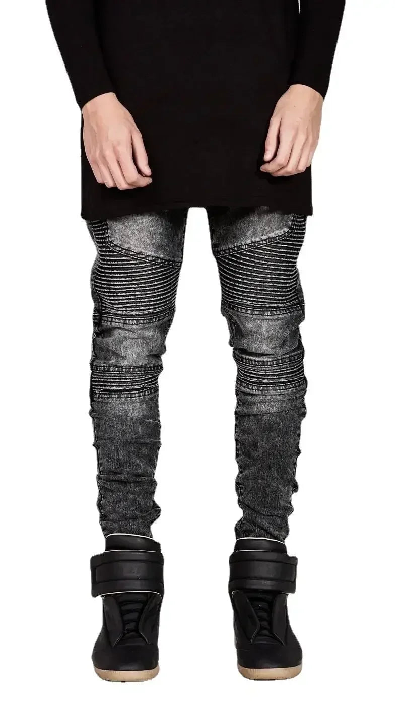 Men Washed Distressed Jeans Pencil Pants Mid Waist Denims Vintage Pockets Button Zipper Fly Streetwear Ankle Length Trousers