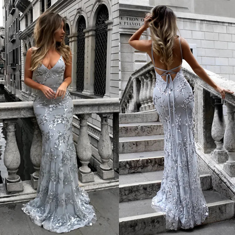 2026 New Mermaid Prom Dress Women Sequin Evening Gown Backless Spaghetti Strap V Neck Slim Fit Luxury Wedding Party Formal