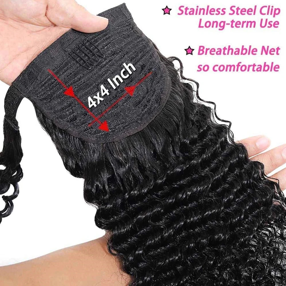 Ponytail Human Hair Wrap Around Kinky Curly Brazilian Remy Hair Extensions 30 Inches Clip Ins Natural Color Hairpiece