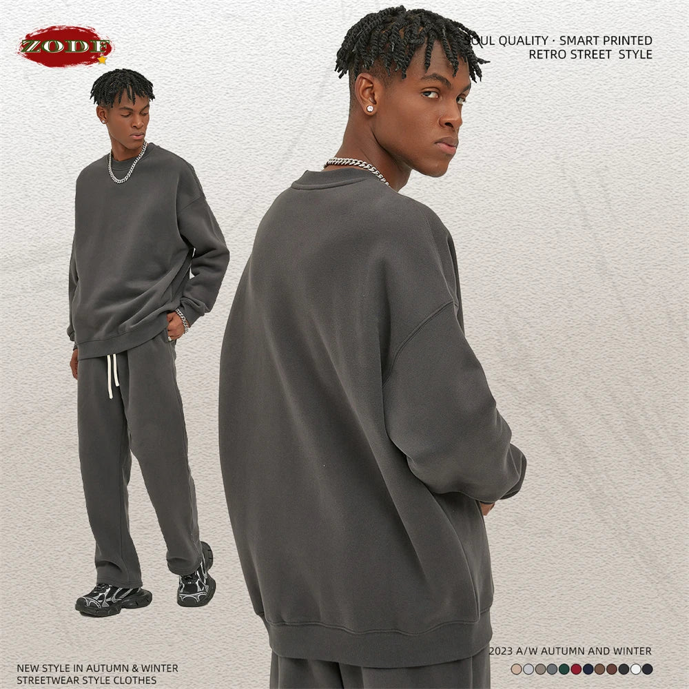 ZODF New 2025 Winter 350gsm Fleece Sweatshirts For Men Unisex Casual Loose Basic Solid O-Neck Thick Warm Pullovers HY0635