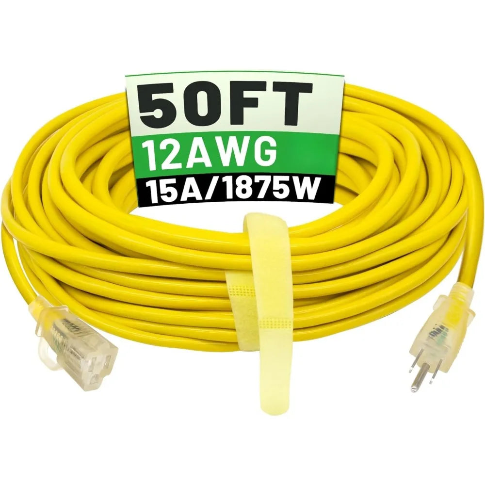 Heavy Duty 50ft Outdoor Extension Cord 12/3 SJTW Yellow 12 Gauge Cold Resistant Flexible Power Cord with Lighted End 15A