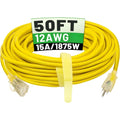 Heavy Duty 50ft Outdoor Extension Cord 12/3 SJTW Yellow 12 Gauge Cold Resistant Flexible Power Cord with Lighted End 15A