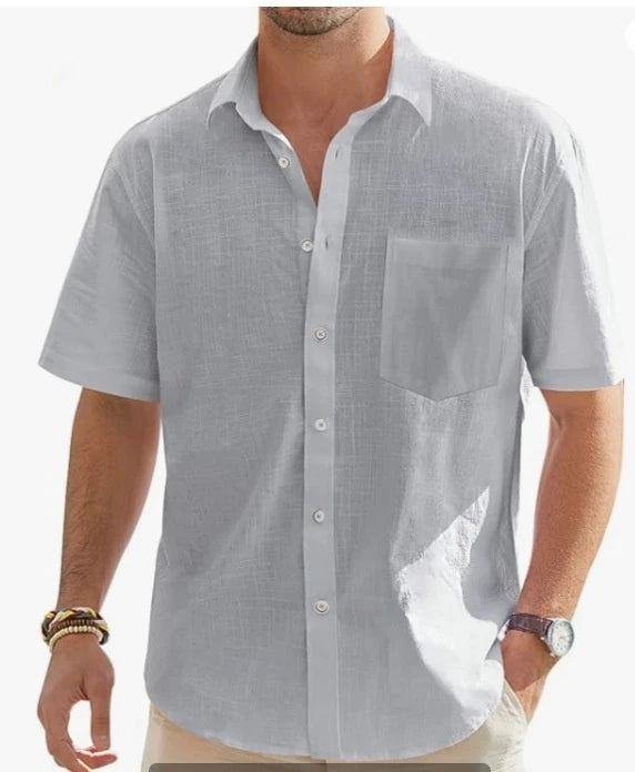 Men's-Summer-New-Style-European-and-American-Fashion-Classic-Comfortable-Breathable-Cotton-and-Hemp-Solid-Color-Top-Shirt