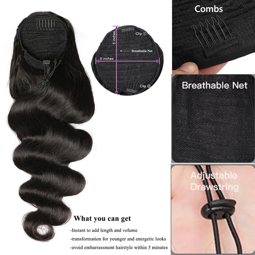 Body Wave Ponytail Real Human Hair Drawstring Ponytail Clip In Hair Extensions Brazilian Natural Black For Women Ponytail