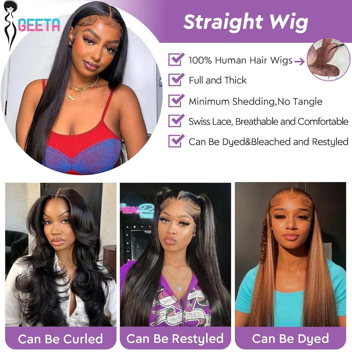 Geeta 200% Density HD Transparent 5X5 Lace Closure Wig Pre Plucked Bone Straight 13x6 Lace Front Human Hair Wigs for Black Women