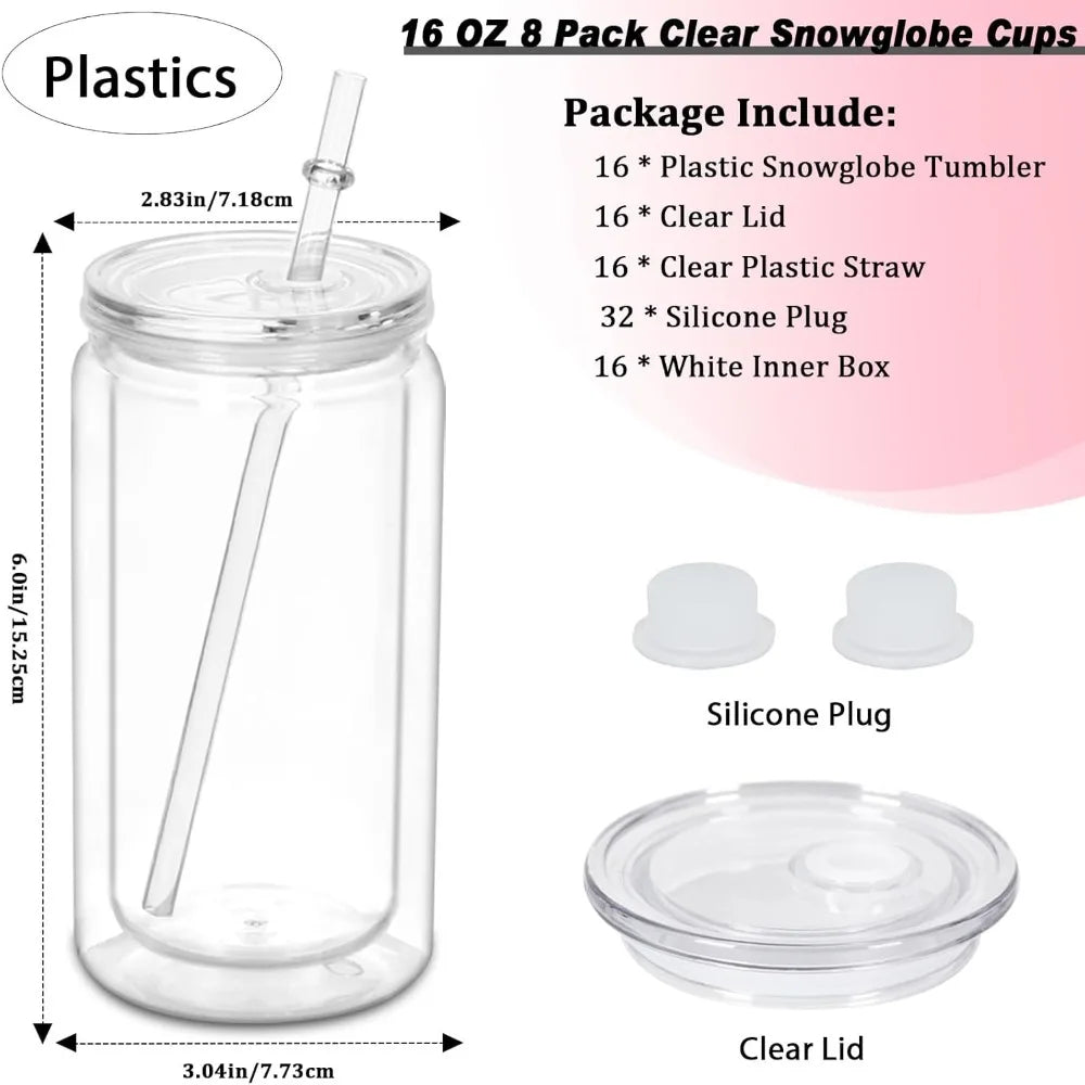 Plastic Snow Globe Tumbler 16 oz 16 Pack DIY Clear Glitter Mason Jar Cups with Pre Drilled Hole Double Wall Insulated