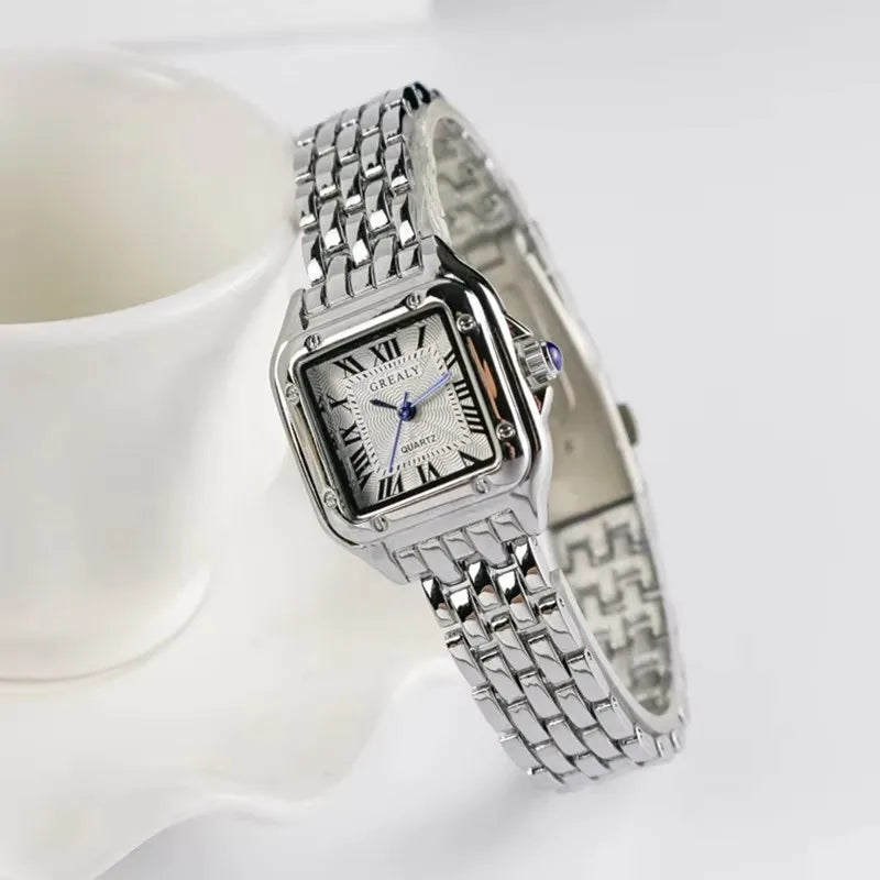 Fashion Square Women Watches Luxury Stainless Steel Strap Ladies Wristwatch Opening-cuff Bracelet Bangle Set Relogio Feminino