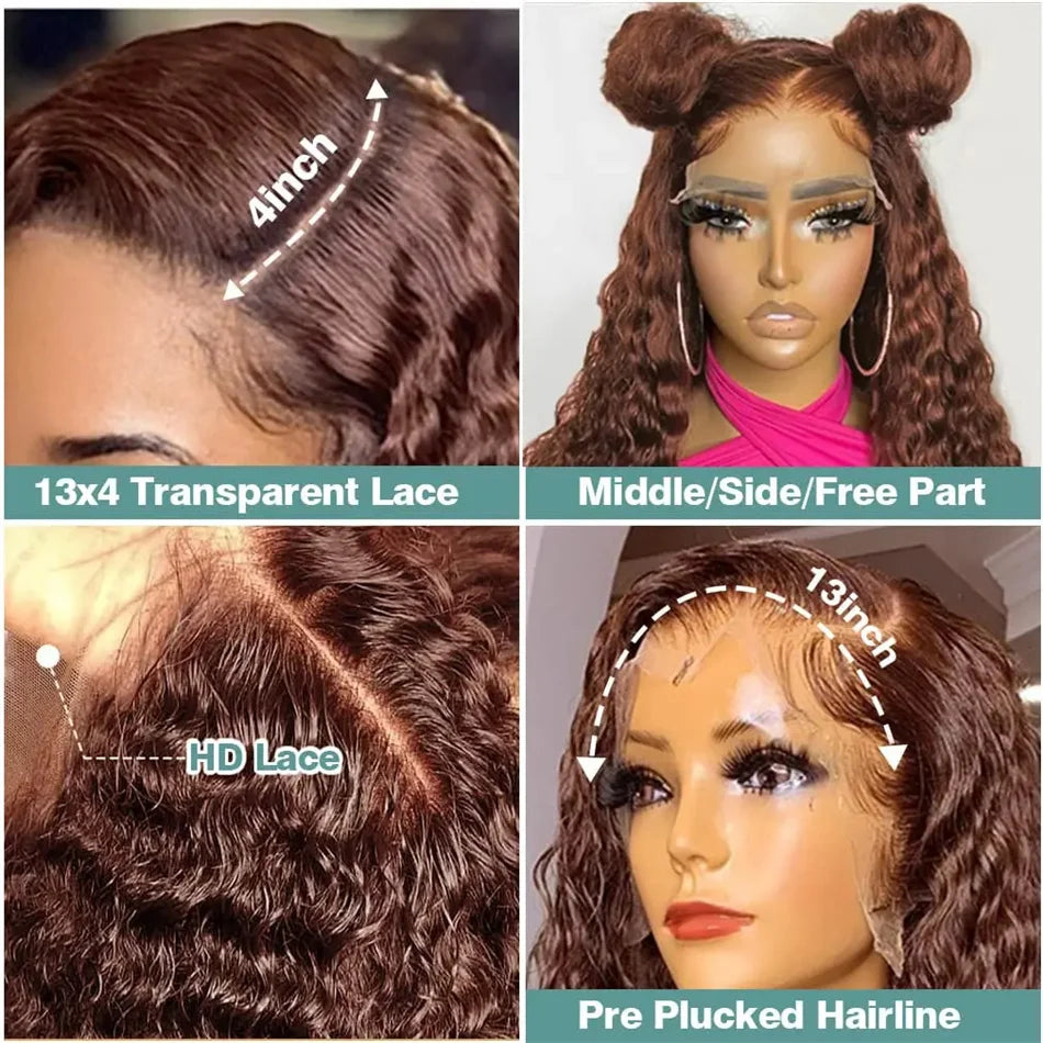 Chocolate Brown Deep Wave Lace Front Human Hair Wigs Transparent 13x4/13x6 Deep Curly Pre Plucked Human Hair Lace Frontal Wigs